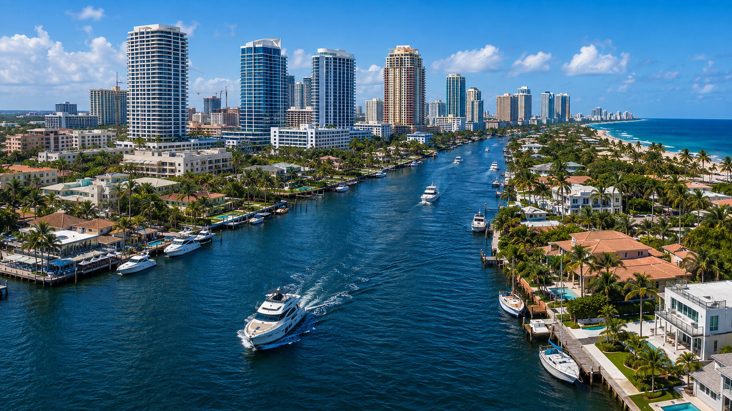 A coastal city skyline with tall modern buildings along a blue waterway, lined with palm trees and boats.