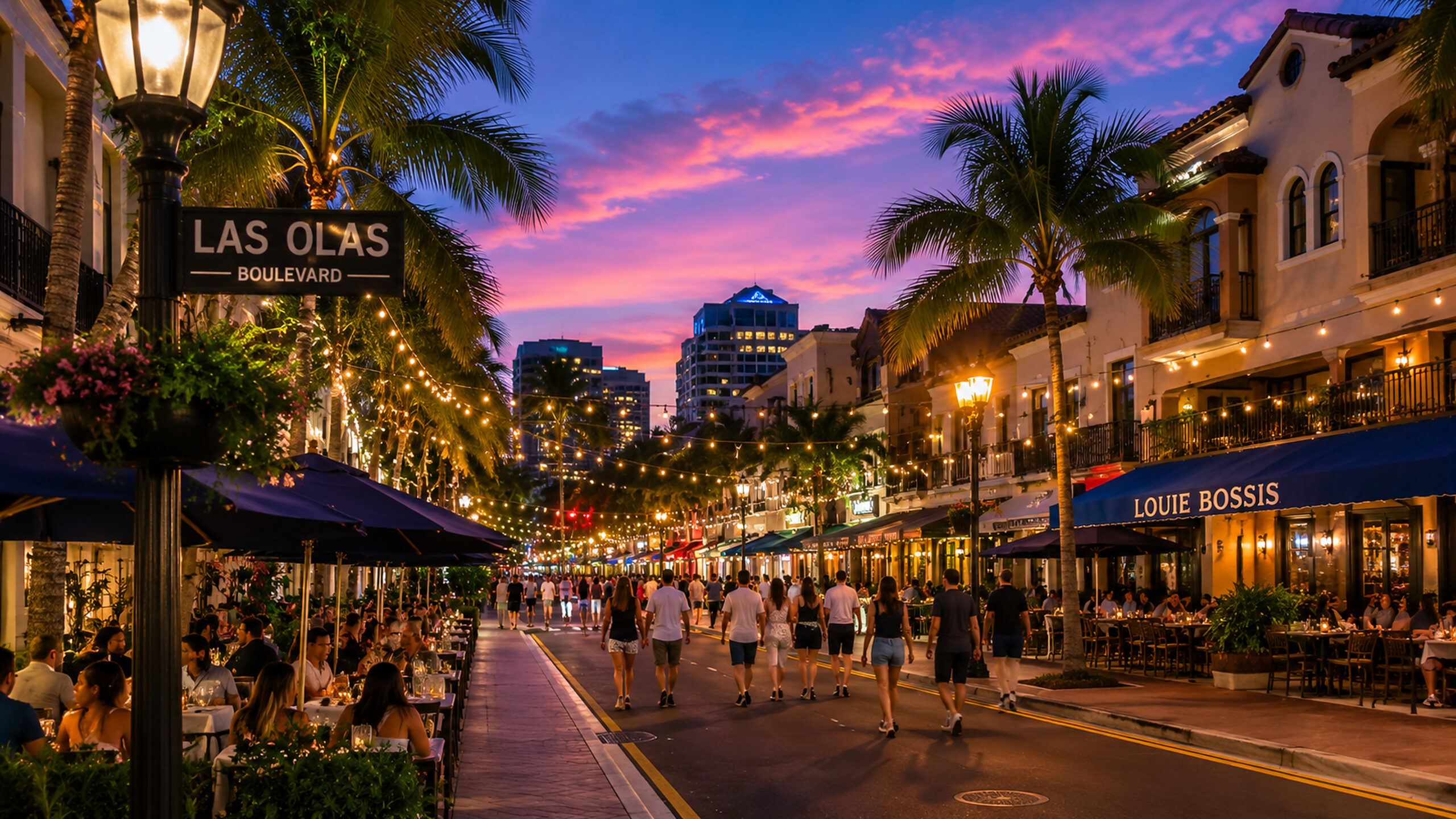 Bustling Las Olas Boulevard at dusk with string lights, outdoor dining, and palm trees lining the street.