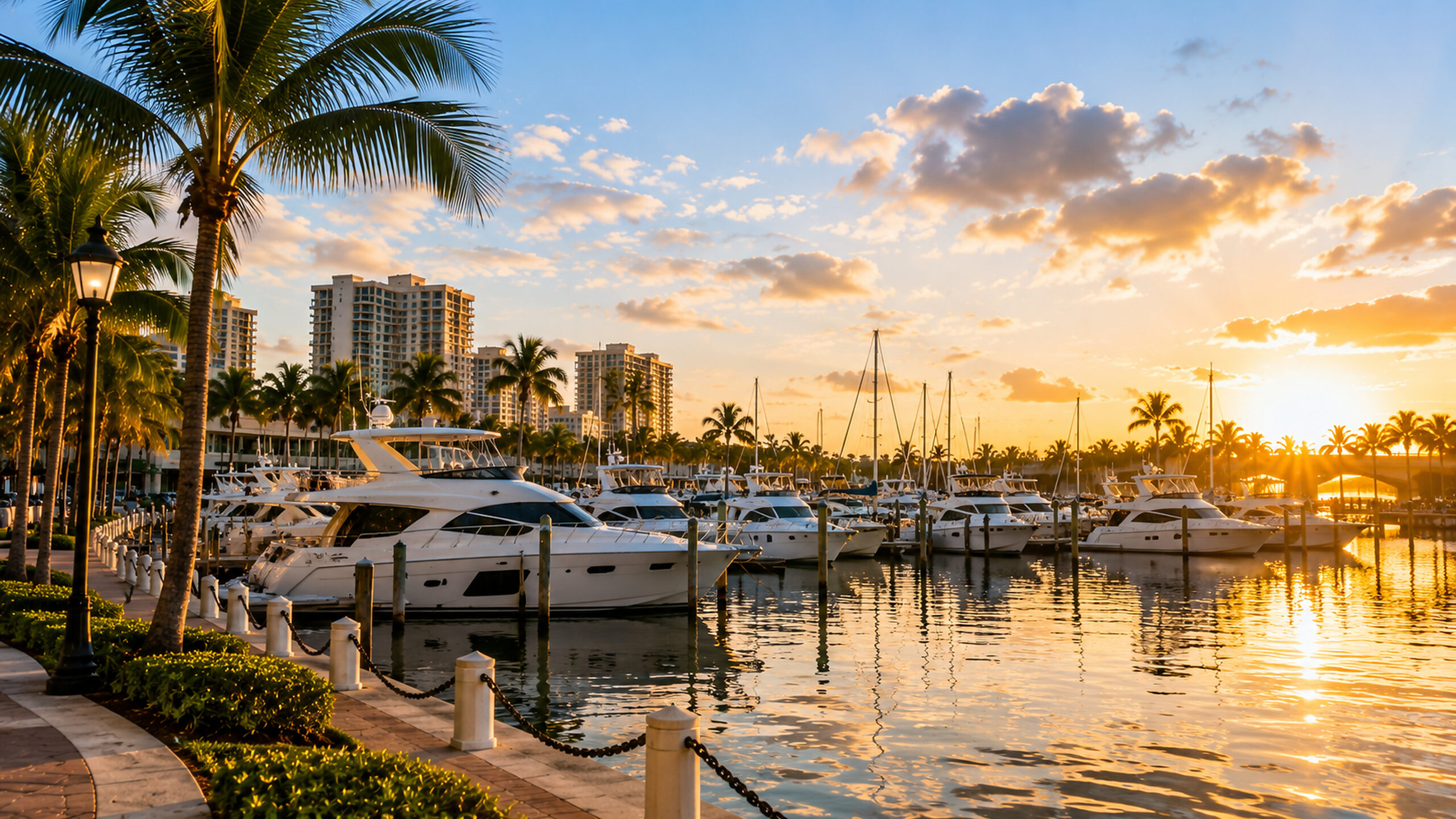Sunset over a marina with palm trees and modern buildings, yachts docked along the calm water.