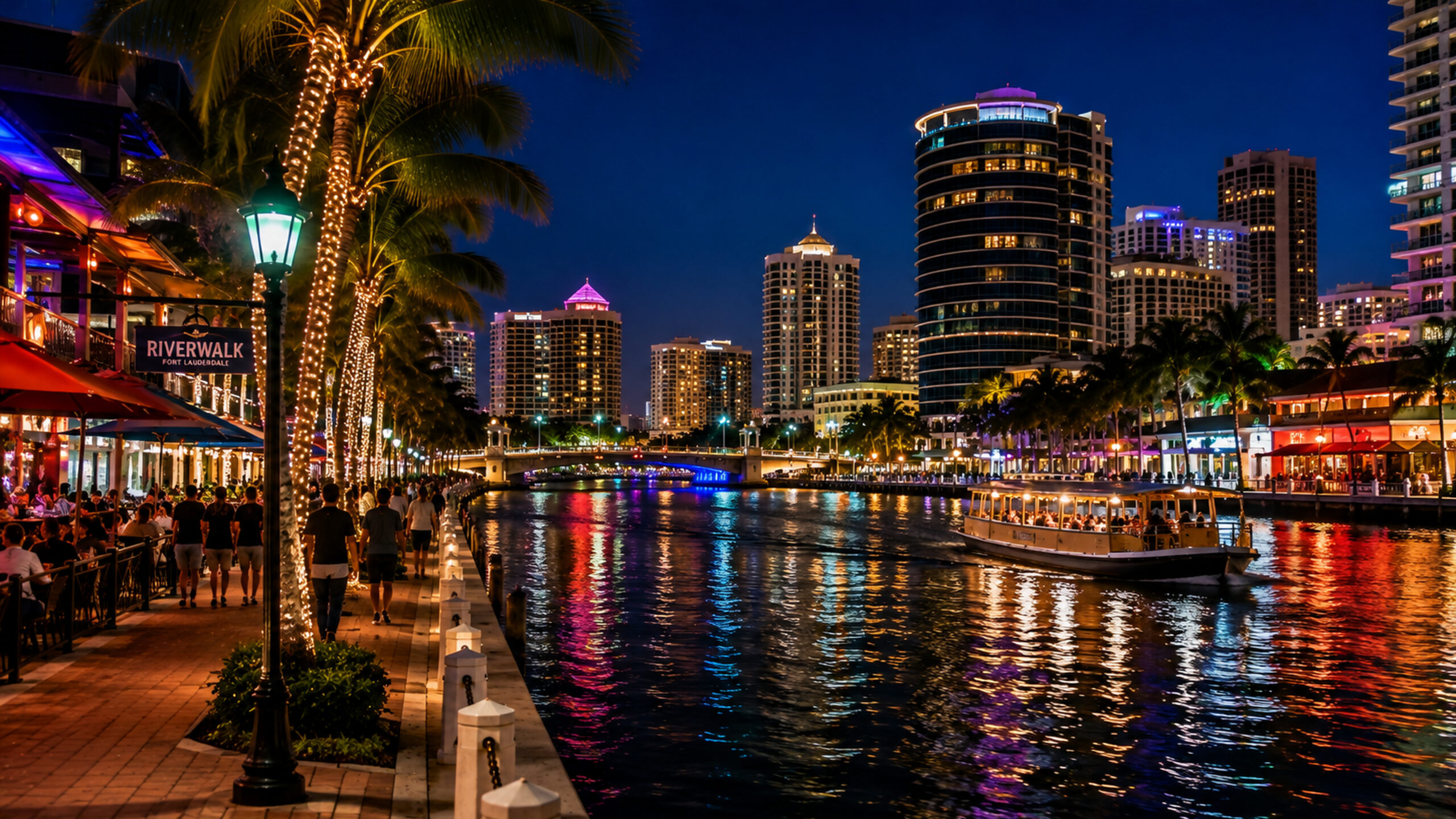 Night view of a lit riverwalk with palm trees wrapped in string lights, outdoor dining, and high-rise buildings along the waterfront.