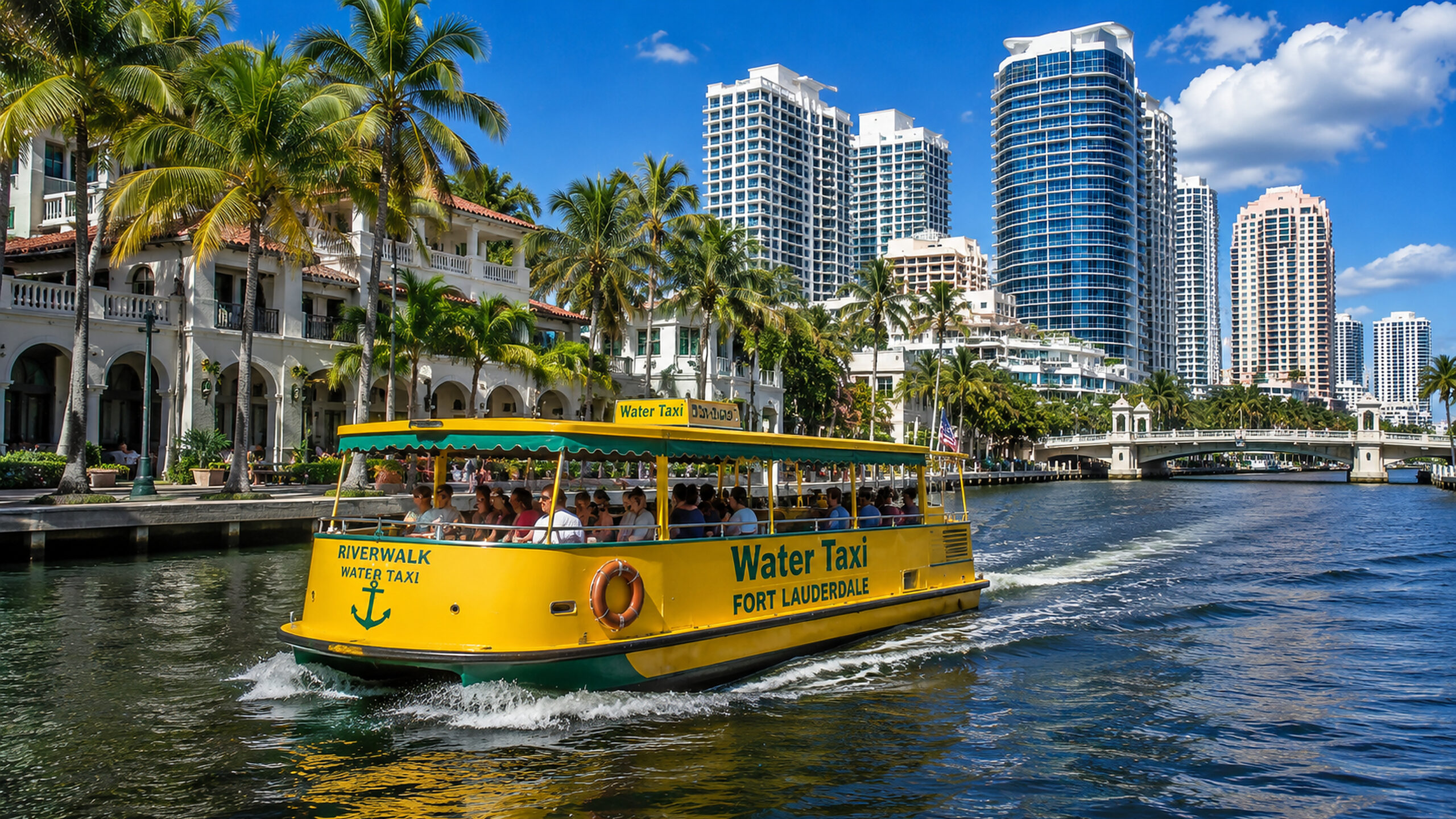 Yellow Water Taxi with passengers cruises along a canal, palm-lined promenade and tall white buildings in Fort Lauderdale under a blue sky.